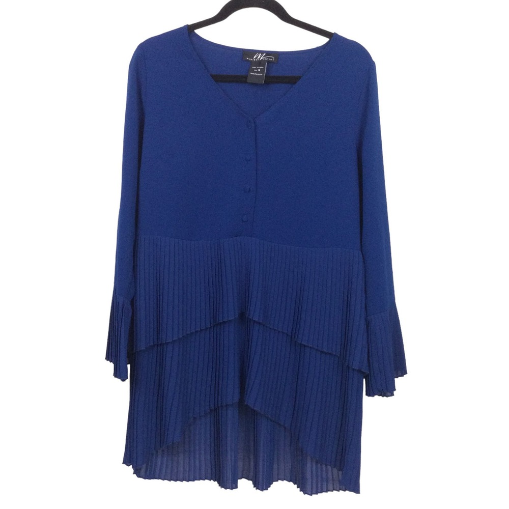 Midnight Velvet Pleated Tiered V-neck High Low Above Knee Bell Sleeve Dress S